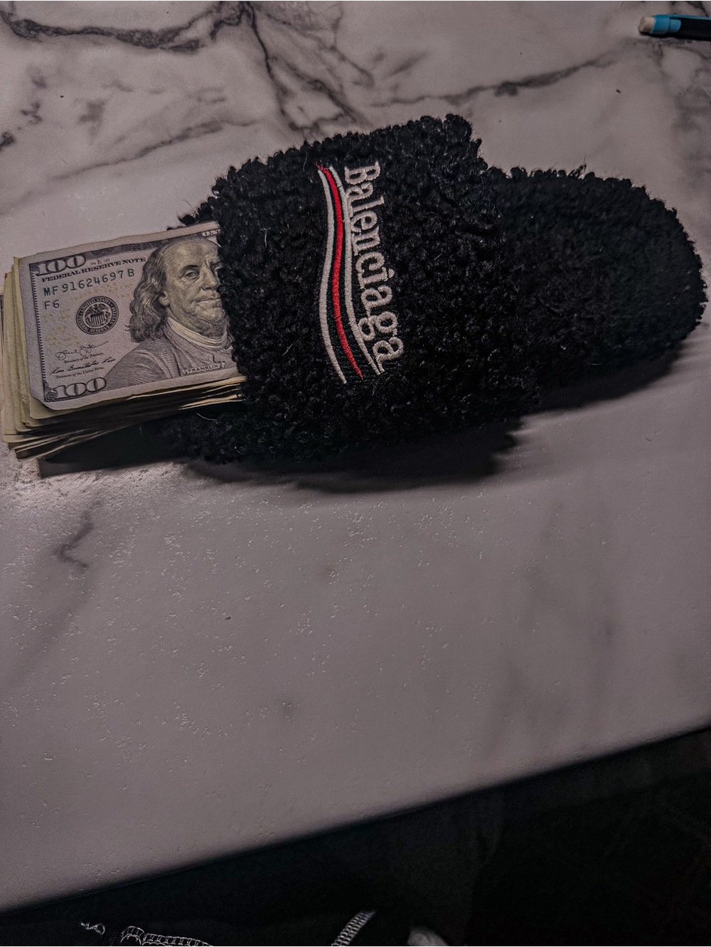 Balenciaga Black Fuzzy Slide with Red and White Stripe